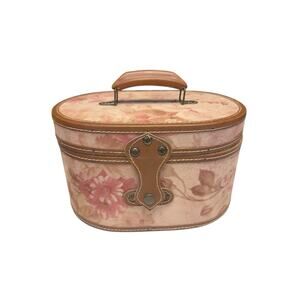 Vintage Floral Hat Box Oval Vanity Case Faux Leather Travel Storage